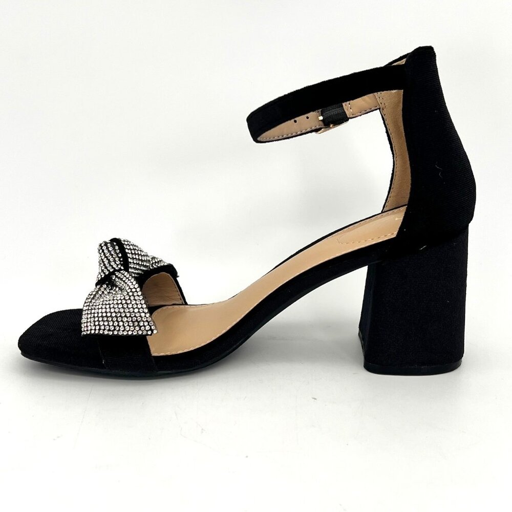Comfort Black Velvet Ankle Strap Block Heels Womens Shoes Size 8 Rhinestone Bow - Picture 10 of 16